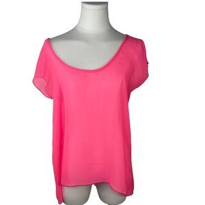 Pretty Rebellious bright pink semi-sheer scoop neck blouse, size Medium,‎ beachy